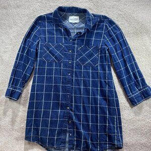 Girl Krazy Blue Denim Tunic Shirt dress w/ white windowpane plaid - Women's Sz L